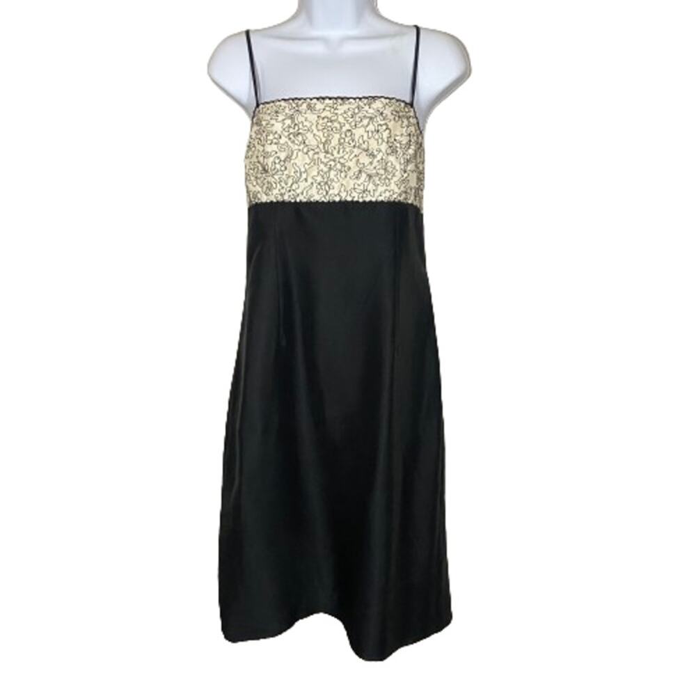 Ann Taylor Vintage 100% Silk Dress Black Cream Embroidered Beaded Sz 4